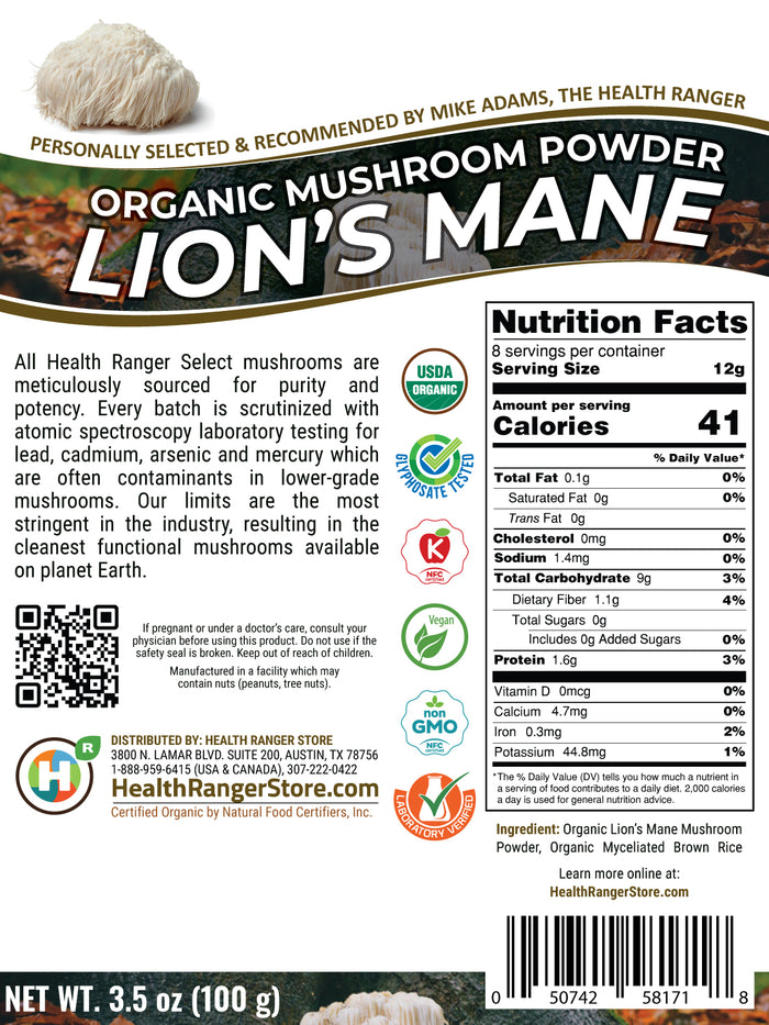Organic Lion's Mane Mushroom Powder  3.5oz (100g) (6-Pack)