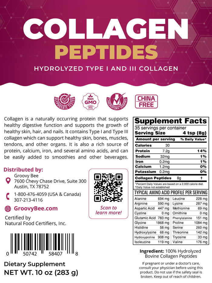 Groovy Bee® Collagen Peptides - Hydrolyzed Type I and III Collagen 10oz (283g) (6-Pack)