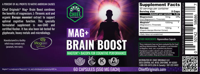 Mag+ Brain Boost Nootropic (Magtein + Bacopa for Cognitive Performance) 60 Capsules (550mg Each) (6-Pack)