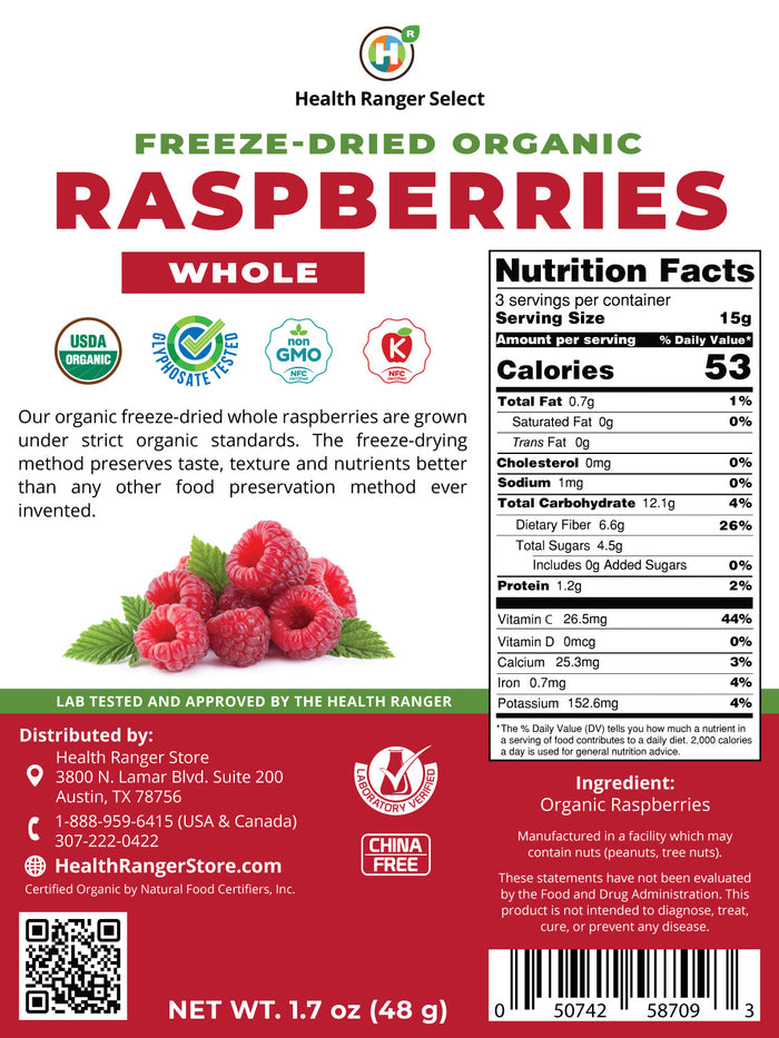 Organic Freeze-Dried Whole Raspberries 1.7 oz (48g) (3-Pack)