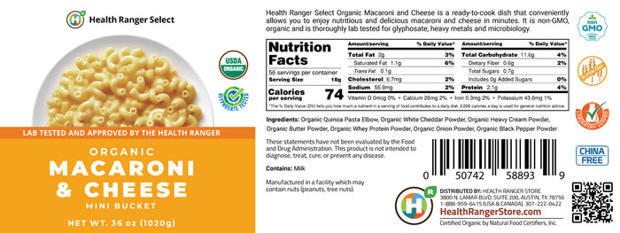 The Health Ranger's Organic Wheat-Free Macaroni & Cheese with NO Added Salt (Mini-Bucket) 36 oz (1020 g)