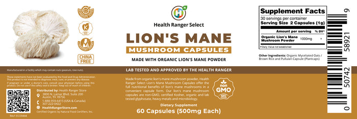 Lion's Mane Mushroom Capsules 60 Caps (500mg Each) (Made with Organic Lion's Mane Mushroom Powder)