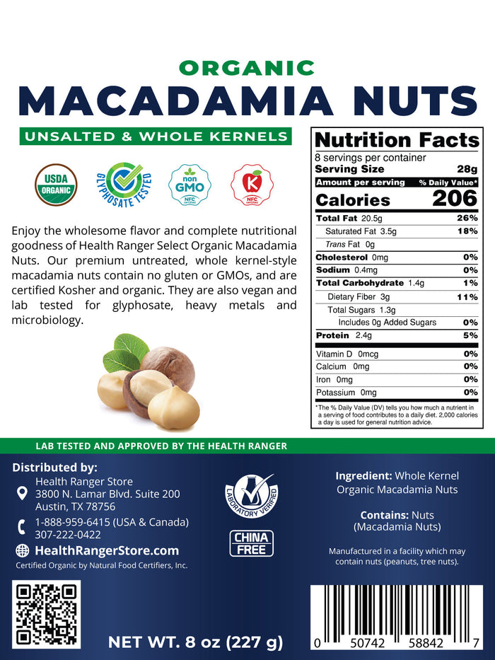Organic Macadamia Nuts (Unsalted & Whole Kernels) 8oz (227g)